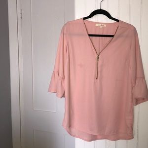 Salmon, quarter zip, ruffled sleeve blouse!